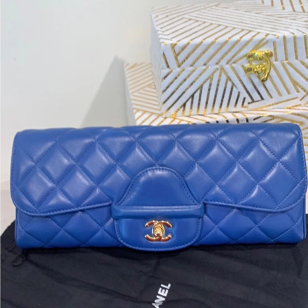Chanel Blue Quilted Lambskin Clutch with Gold CC Turnlock